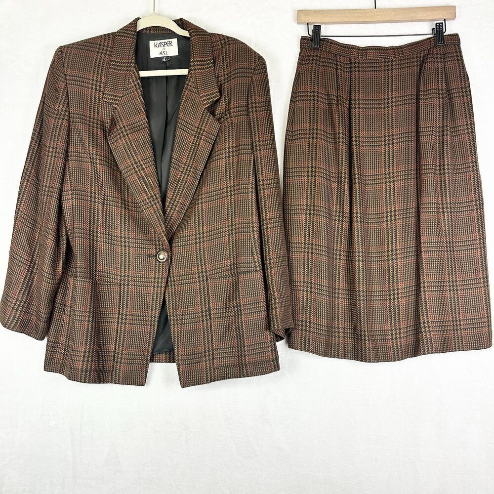 Vintage Houndstooth Plaid Blazer Skirt Suit Size 6 Two Piece Old Money Preppy